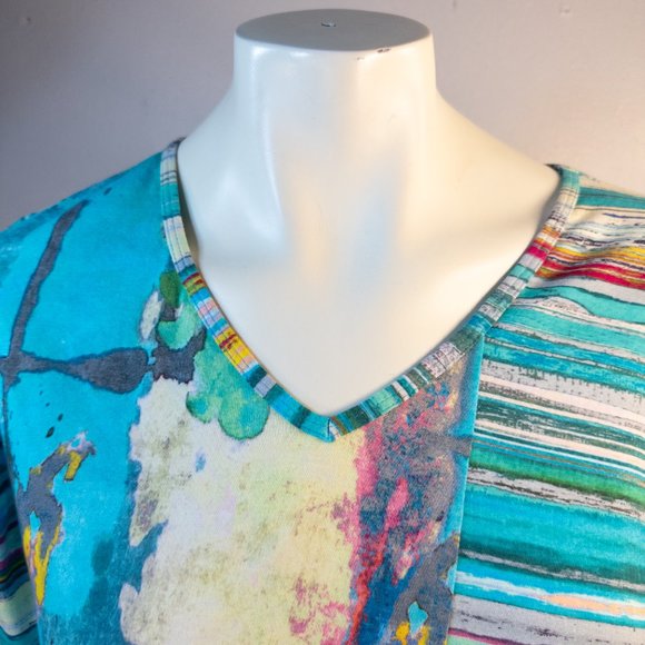 Parsley & Sage Size Small Top Blue Yellow Vibrant Abstract Print Artsy V Neck - Picture 5 of 11
